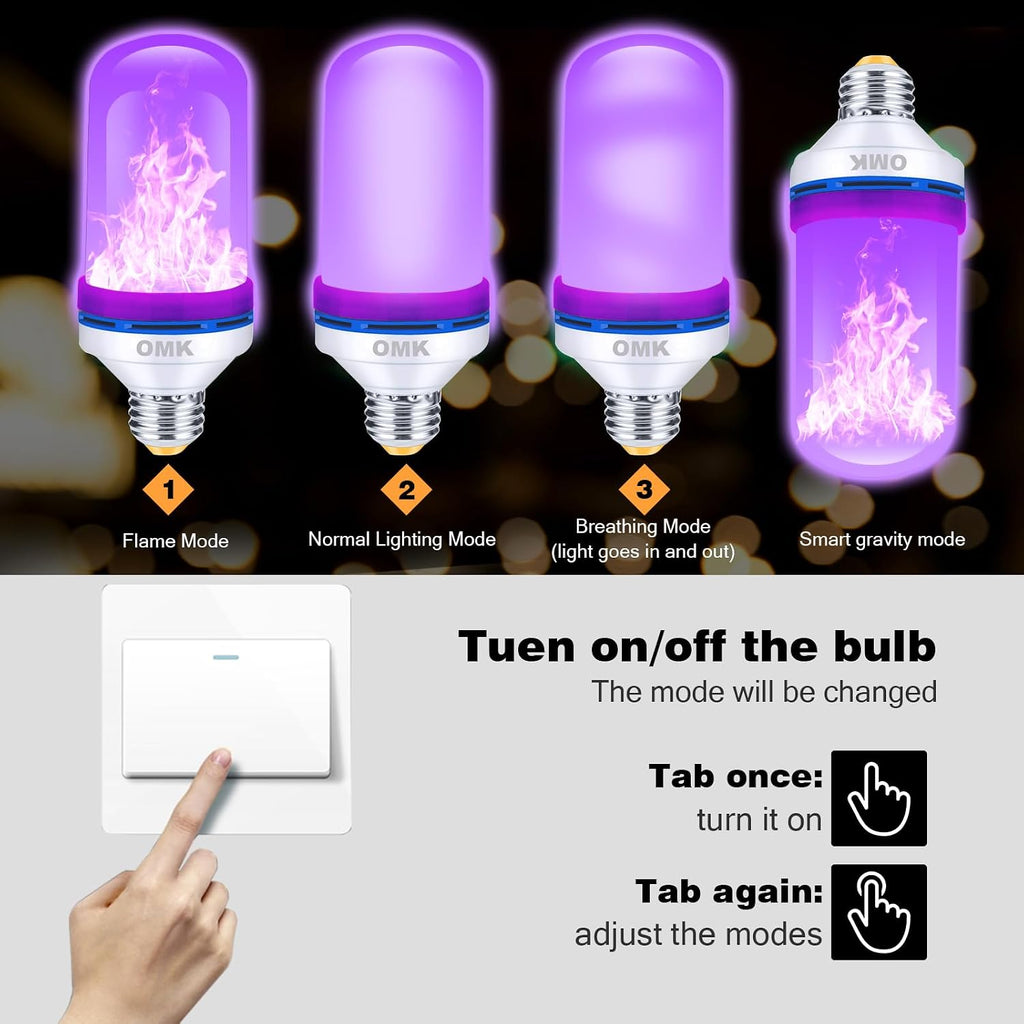 Purple LED Flame Light Bulbs - Flickering, Gravity Sensing, E26 Base, Holiday & Valentine Decoration