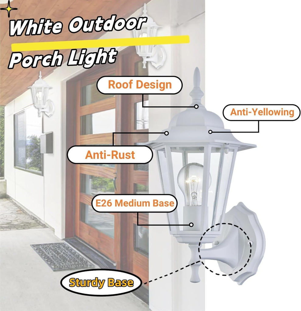 2 Pack Outdoor Wall Light, White Wall Sconce Porch Lighting Fixture, E26 Base 60W Max, Metal Housing Plus Glass, Wet