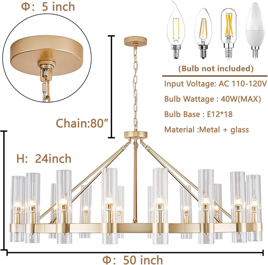 Gold Wagon Wheel Chandelier with Glass Shape D50 Large Round Chandelier Lighting for High Ceiling, Hanging Pendant Light Fixtures for Living Room, Dining Room (Gold + Glass Shape) A115-B0D1KGBFDR