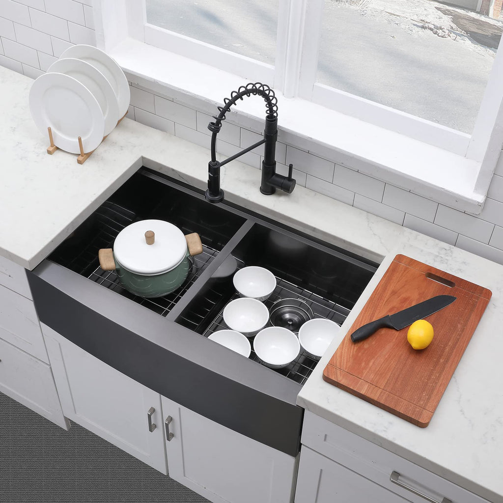 33x22 Inch Gunmetal Black Double Farmhouse Sink, 16 Gauge 50/50 Double Bowl Farmhouse Kitchen Sink, Stainless Steel