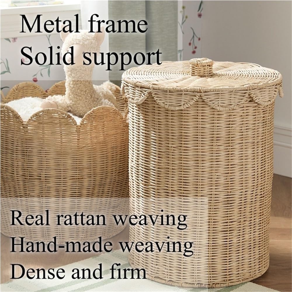 Woven Rattan Storage Basket with Lid, Round Laundry Hamper with Metal Frame | Handmade Rattan Basket for Clothes