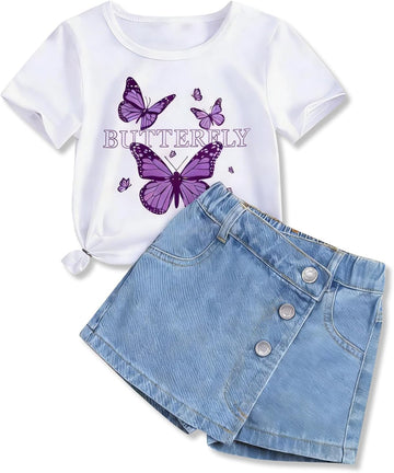 Girls Clothes 2PCS Butterfly Print Short Sleeve T-Shirt Denim Skirt Shorts Set Teen Tween Girls Summer Outfits Set