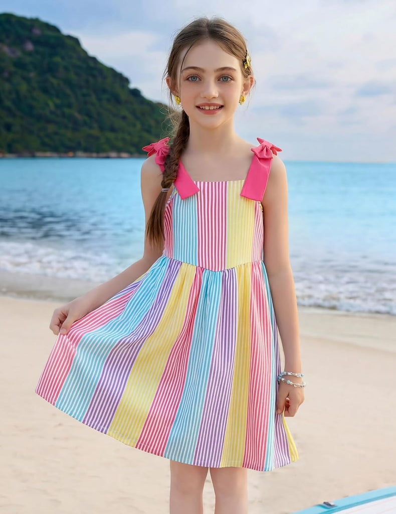 Beach Dress Summer Outfit Boho Straps Smocked Cami Bow Princess Casual Birthday Party Clothes