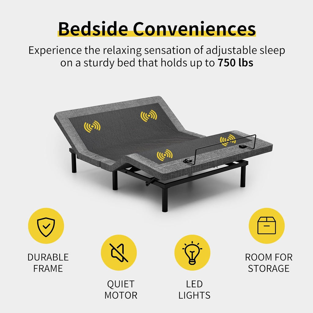 Full Massage Adjustable Bed Frame with 6 Vibration Modes & Timer, Independent Head/Foot Incline, 2 USB, Wireless
