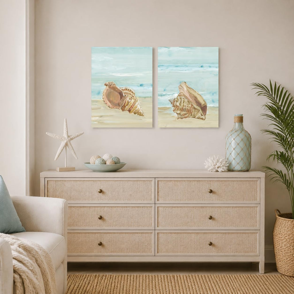Nautical Seashell Wall Art Beach Wall Decor Ocean Theme Canvas Prints Aqua Turquoise Coastal Shell Pictures Framed