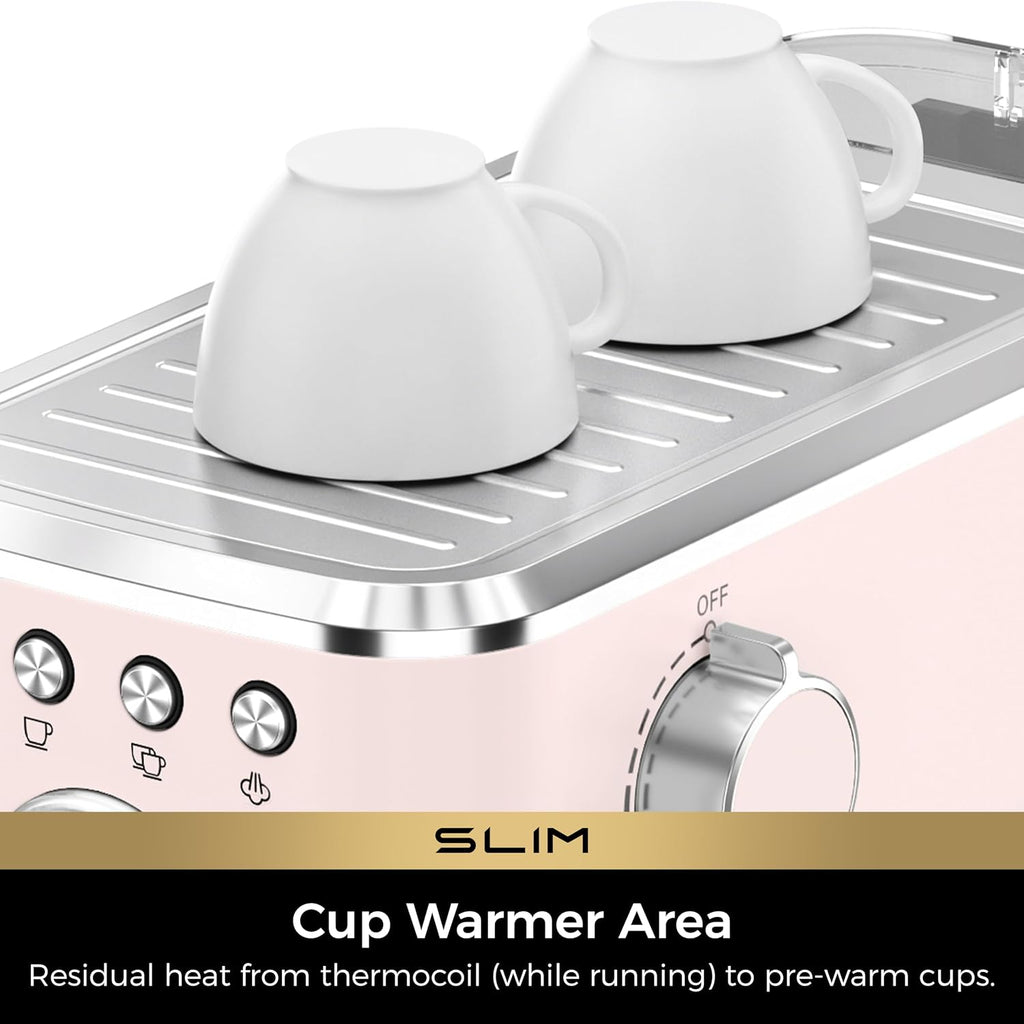 Slim Espresso Machine with Milk Frother Cappuccino, Pink | Precise Pressure Gauge, Food-Grade Materials, 20 Bar