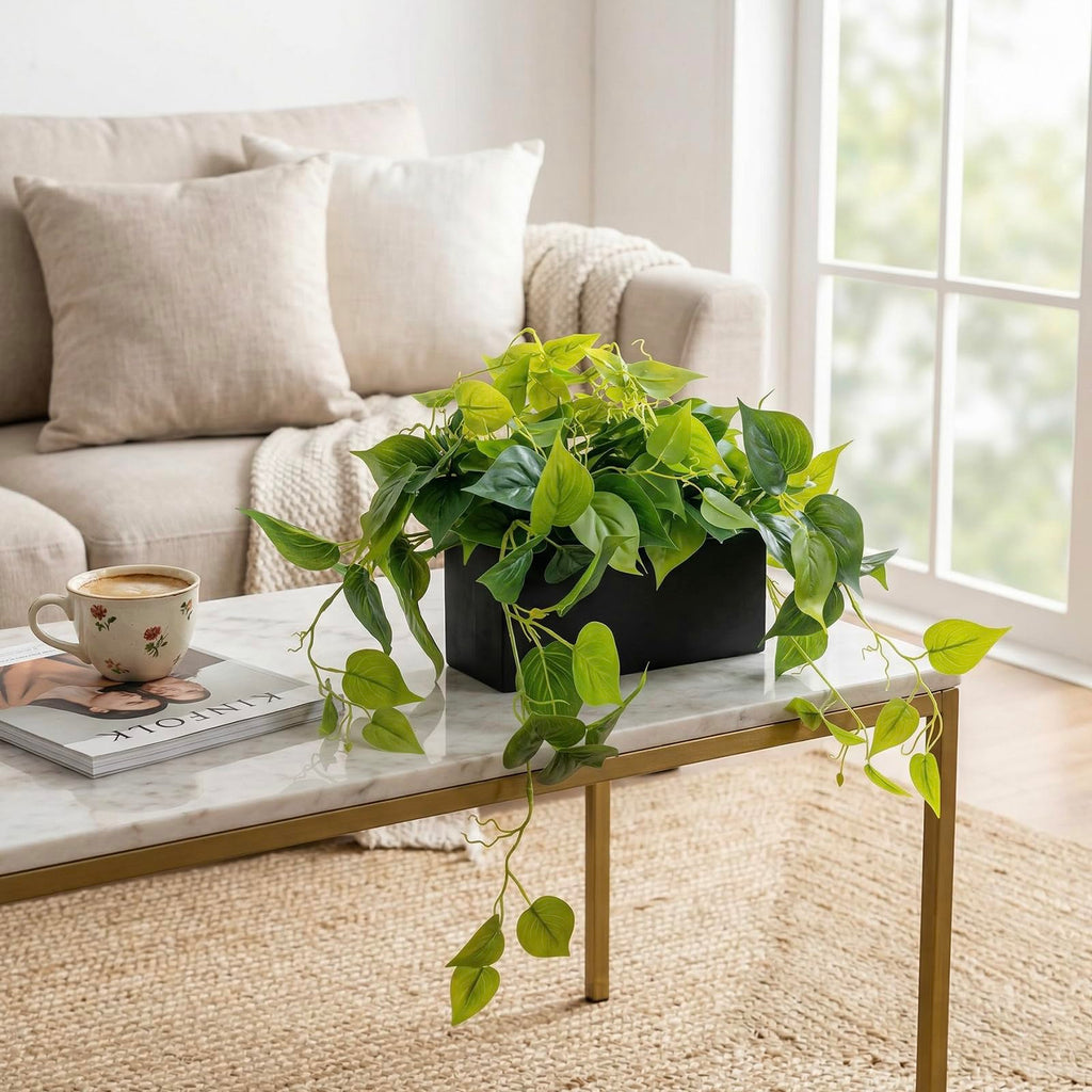 Vibrant Lifelike Artificial Plant Pothos Leafy Vine Greenery in Black Concrete Rectangular Planter Box