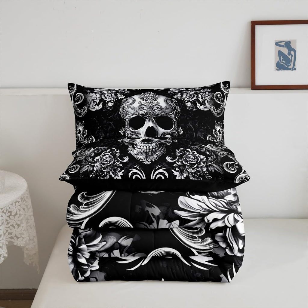 Gothic Skull Bed Comforter Set Queen Size, Halloween Flower Skeleton Super Soft Microfiber Bedding Set for Adults