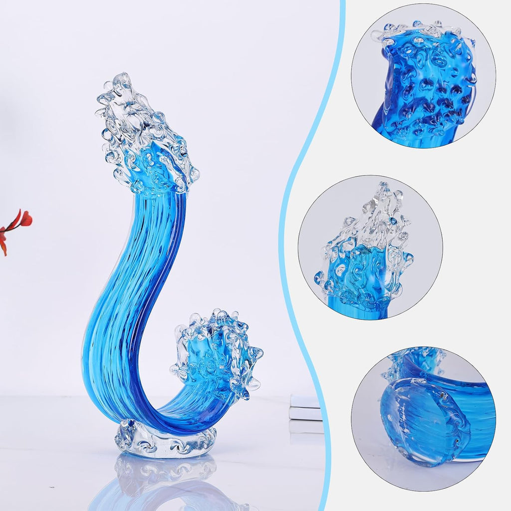 Blue Glass Sculpture Home Decor, Hand Blown Glass Art Statue, Glass Ocean Waves Home Living Room Decorations