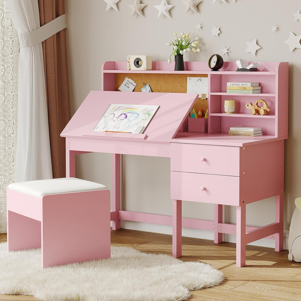 Adjustable Tilt Kids Desk and Chair Set, 0-40° Tiltable Wooden Study Table with Drawers, Cork Board & Open Shelves