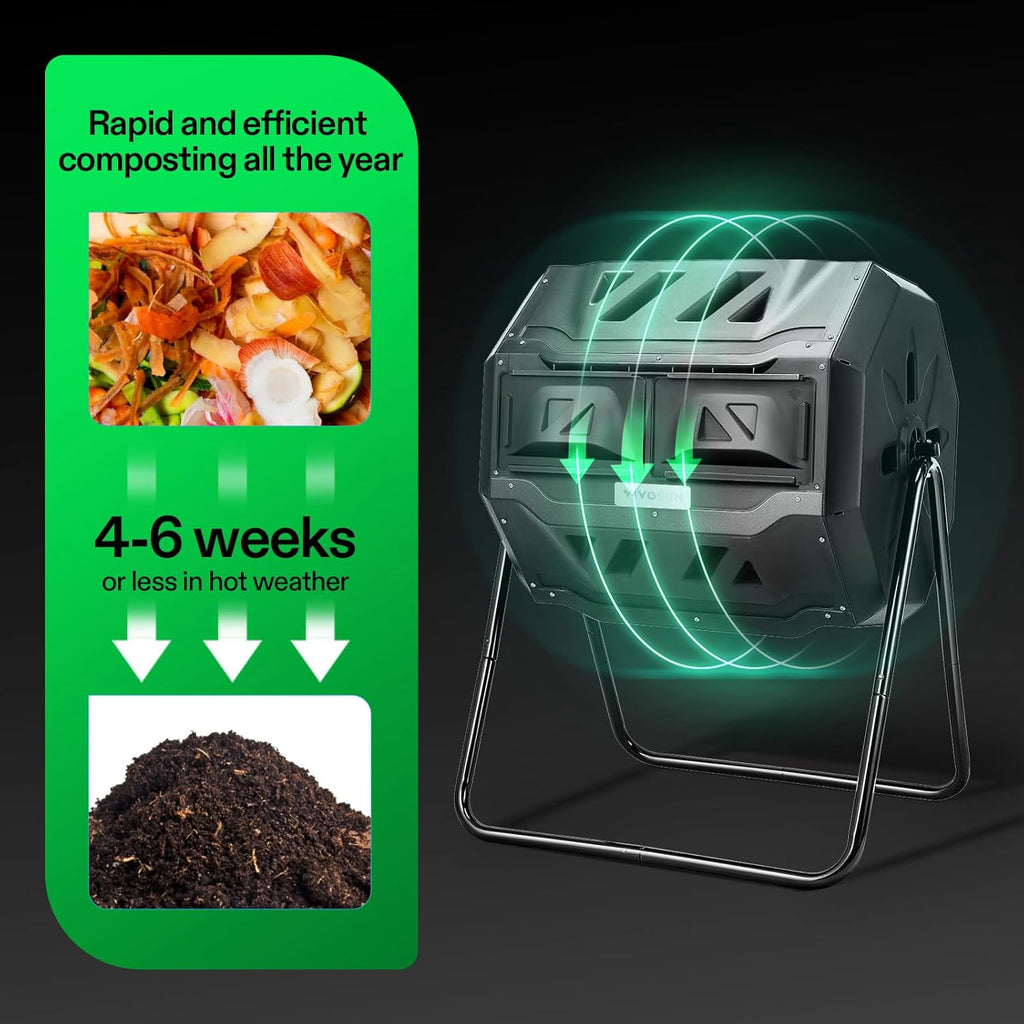 Outdoor Tumbling Composter Dual Rotating Batch Compost Bin, 43 Gallon Black Door