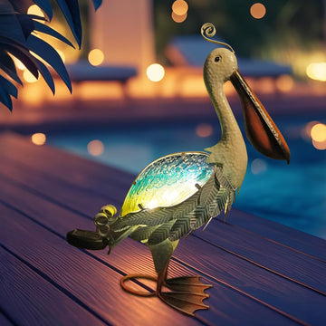Solar Metal Pelican Statues Garden Sculpture & Statues, 19 Inch Glass Outdoor Pelican Yard Art Coastal Ocean Bird
