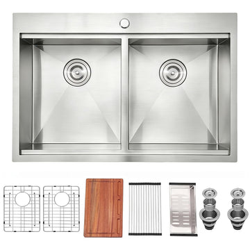 33 x 22 Inch Double Bowl Drop in, Brushed Nickel 16 Gauge Stainless Steel Topmount 50/50 Double Basin Workstation
