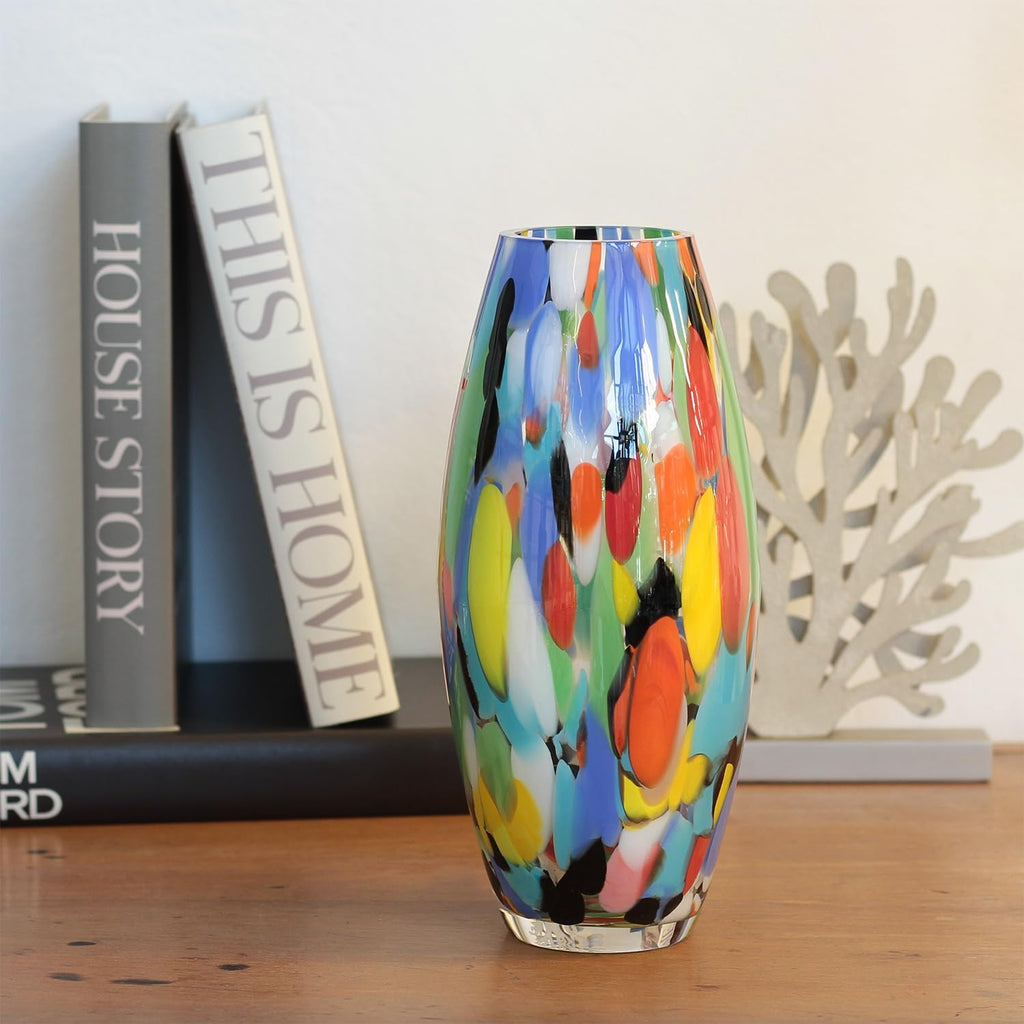 Murano Style Art Glass Vase Hand Blown Colorful Confetti Effect Home Decor