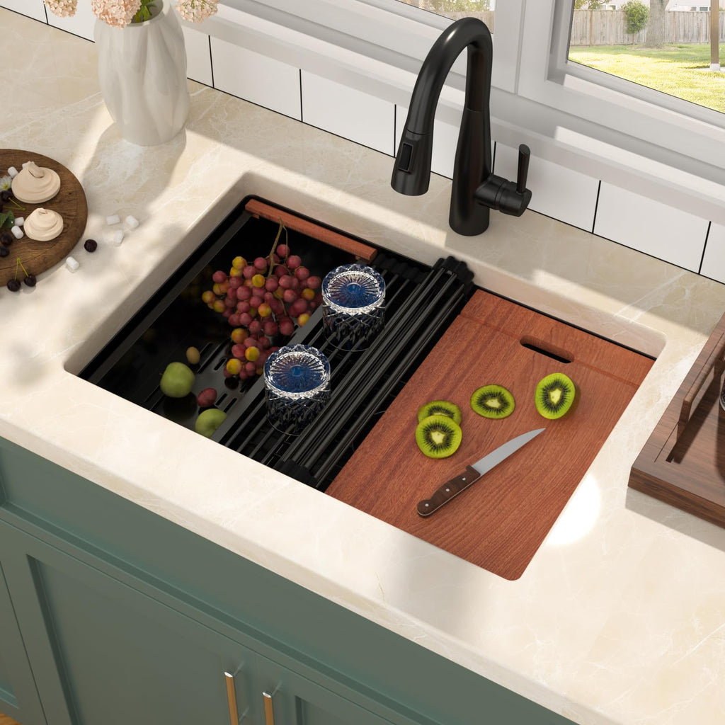 27 Inch Matte Black Undermount Kitchen Sink Workstation