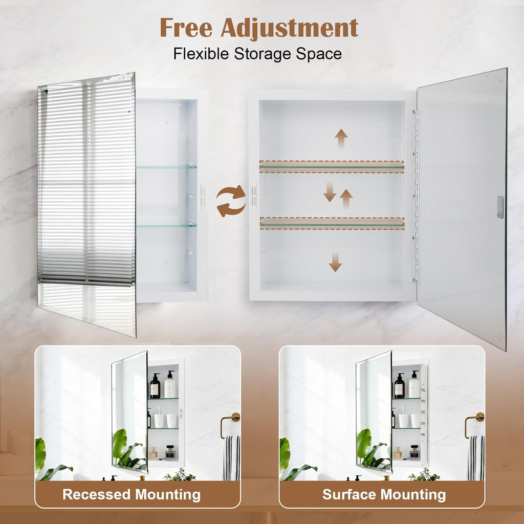 16x20'' Bathroom Medicine Cabinet Mirror with Storage, Surface Mount or Recessed Medicine Cabinet with 3-Tiered