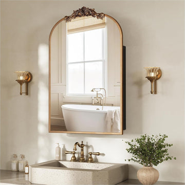 24x35 Inch Vintage Bathroom Medicine Cabinet Mirror Storage Gold | Easy Install Tempered Glass Mirror, Durable
