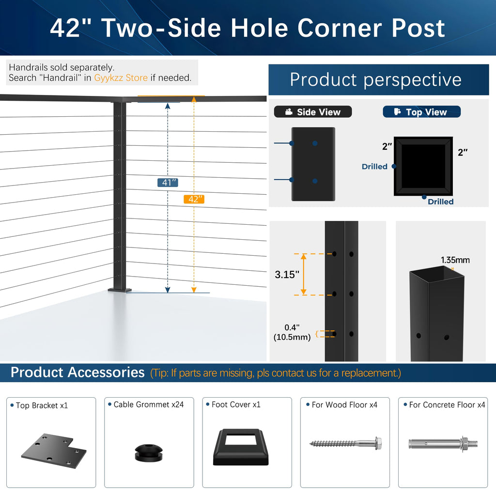 42" Modular Black Cable Railing Corner Post for Deck Railing System