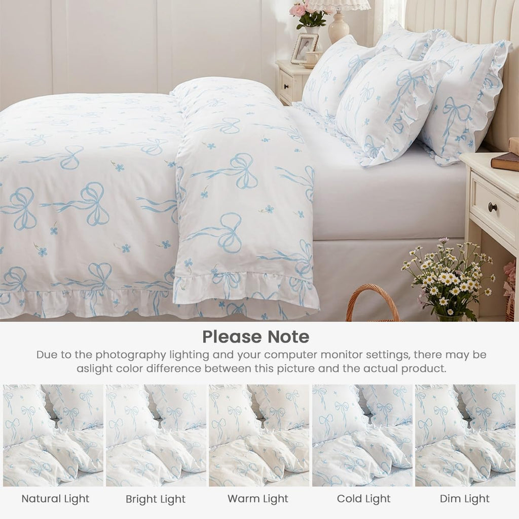 Ruffle Comforter Set, White Comforter Set with Blue Bow