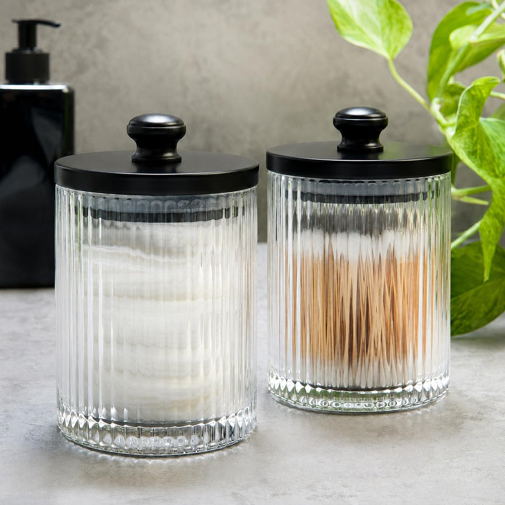 Ribbed Glass Bathroom Jars | Set of 2 Farmhouse Style Storage Canister with Airtight Black Wooden Lids | Cotton