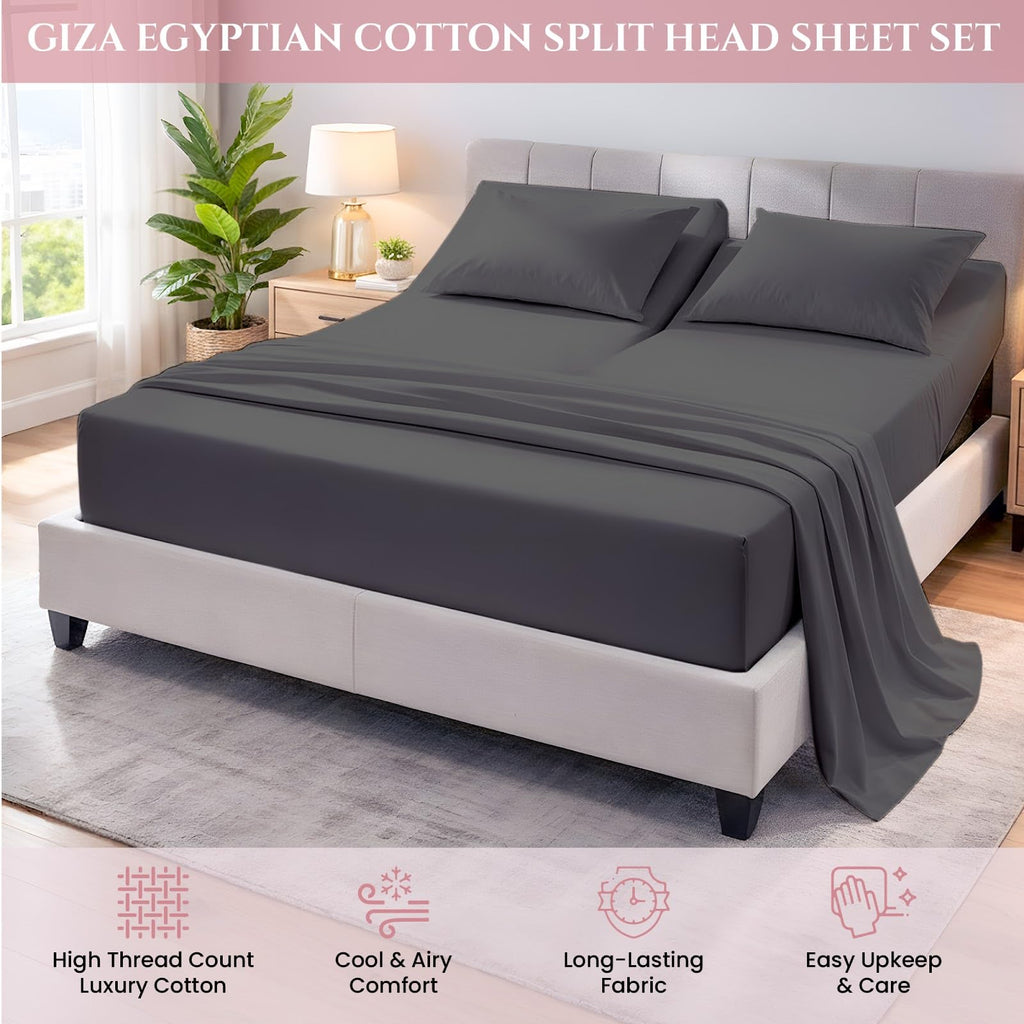 Flex Head King Sheets Sets for Adjustable Beds-Top Split King Sheets Sets (4 Pcs) King 34 Inch Down Sheets Slate Grey