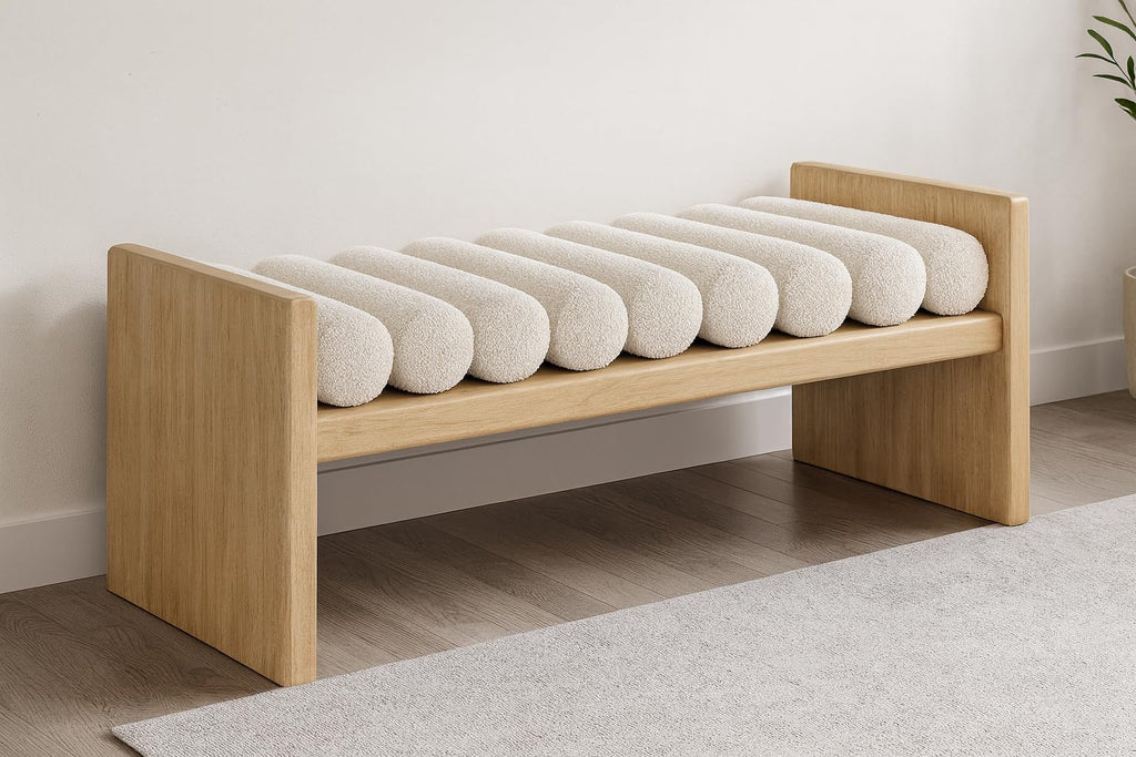 179Cream Waverly Collection Modern | Contemporary Bench with Solid Wood Rich Natural Finish, Luxurious Cream Boucle