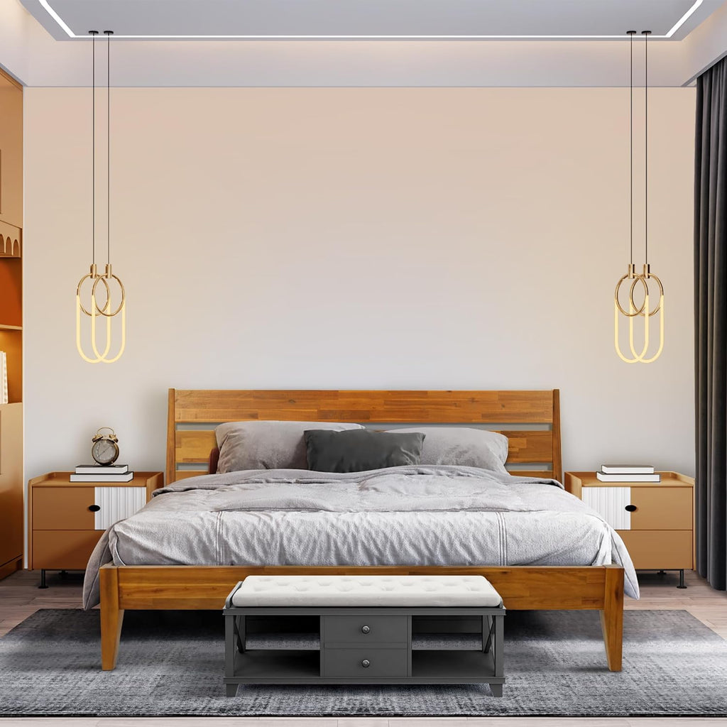 Acacia Emery Bed Frame with Headboard Solid Wood Platform Bed, Queen Bed Frame, Mid - Century Modern Wood Bed
