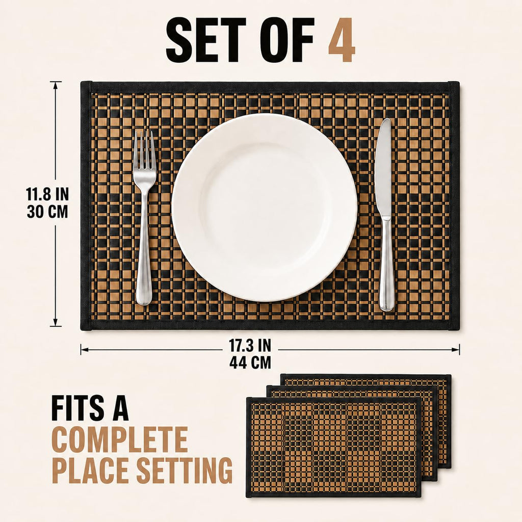 Bamboo Placemats, Set of 4, Woven, 11.8x17.3 Inches, Black