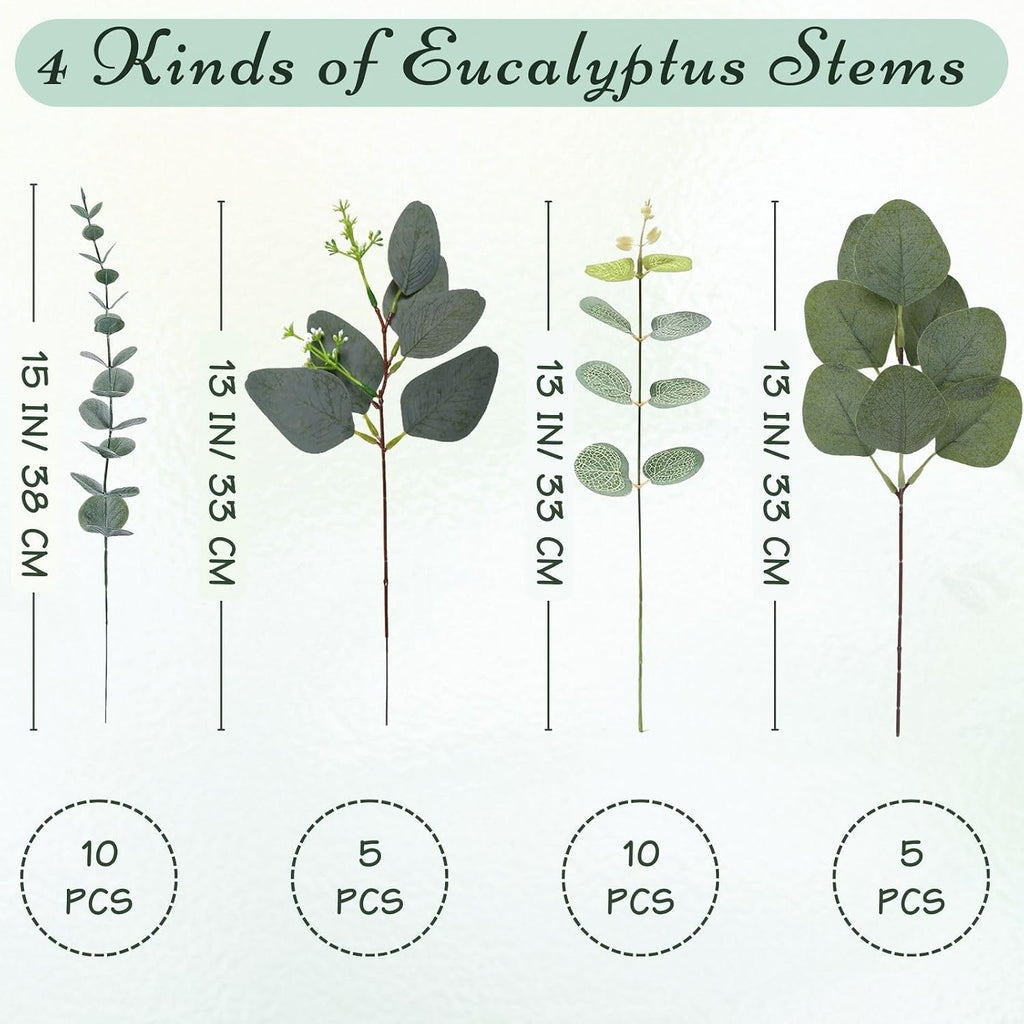 Eucalyptus Stems Bulk , 4 Kinds Mixed Artificial Silver Dollar Eucalyptus Leaves Bundle Faux Greenery Branches - Set of 30