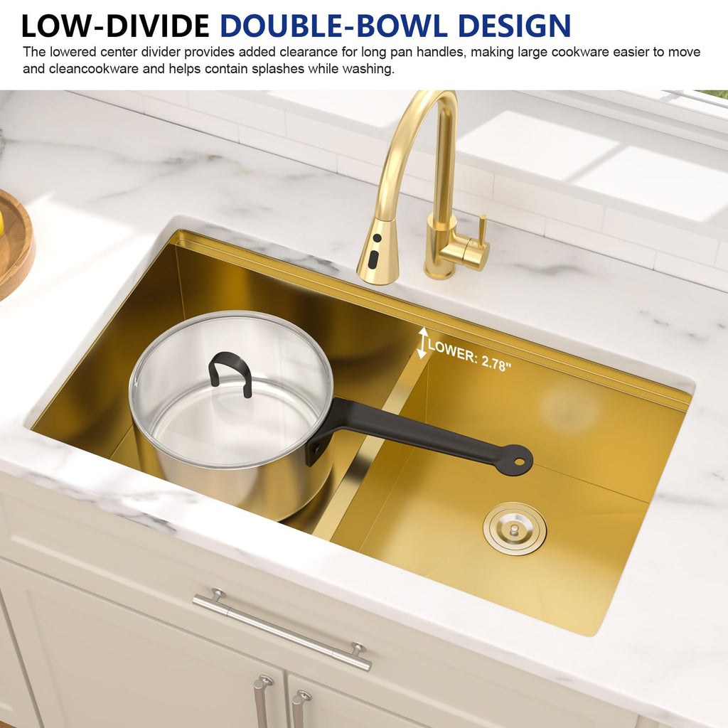 33"x19" Gold Undermount Double Bowl Workstation Kitchen Sink