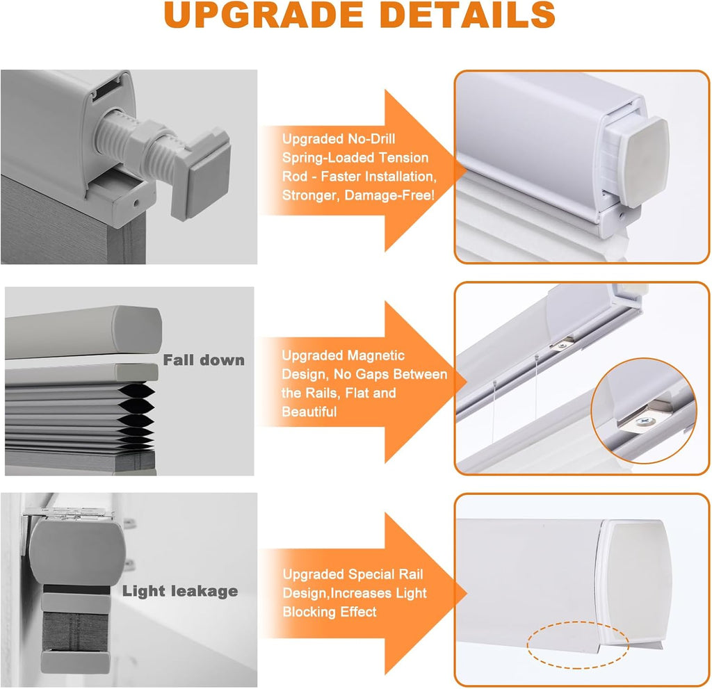 No Drill Blackout Cellular Shades for Windows,White | Top Down Bottom Up Honeycomb No Tools Cordless Blinds,Easy to