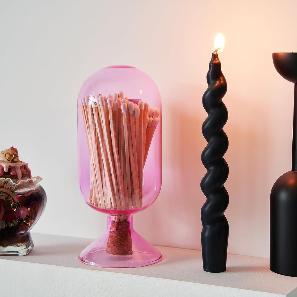 Includes 100 Match Sticks Glass Match Cloche with Striker - Pink with Cork Stopper - Fireplace, Home, Living Room - Set of 102