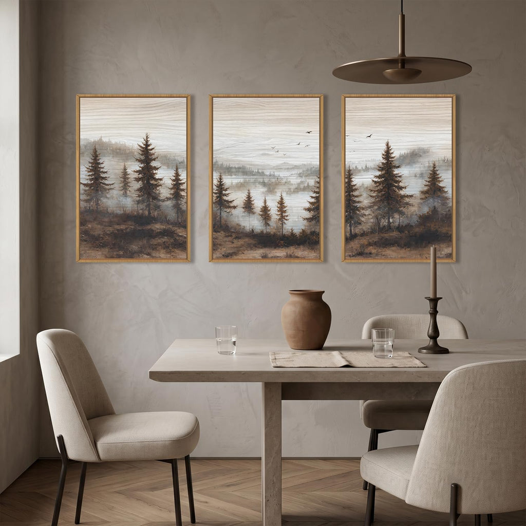 Large Foggy Pine Tree Mountain Framed Canvas Wall Art Set-16"x24"x3