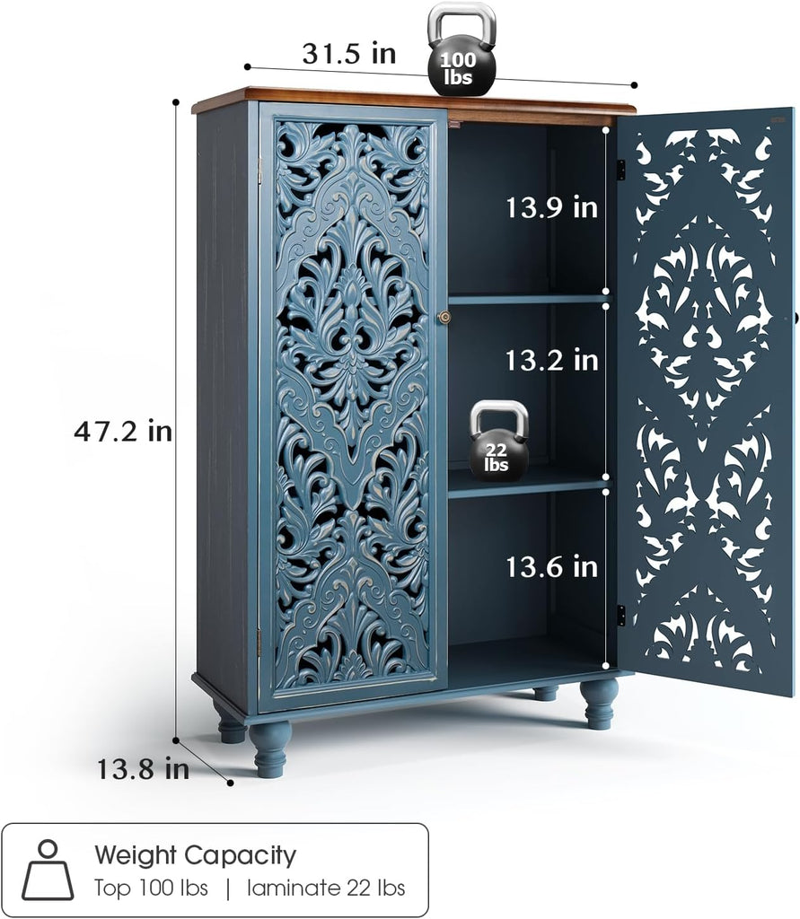 47" Tall Accent Cabinet with Doors & Storage ,Blue | Carved Solid Wood Legs, Decorative Cabinet for Dinning