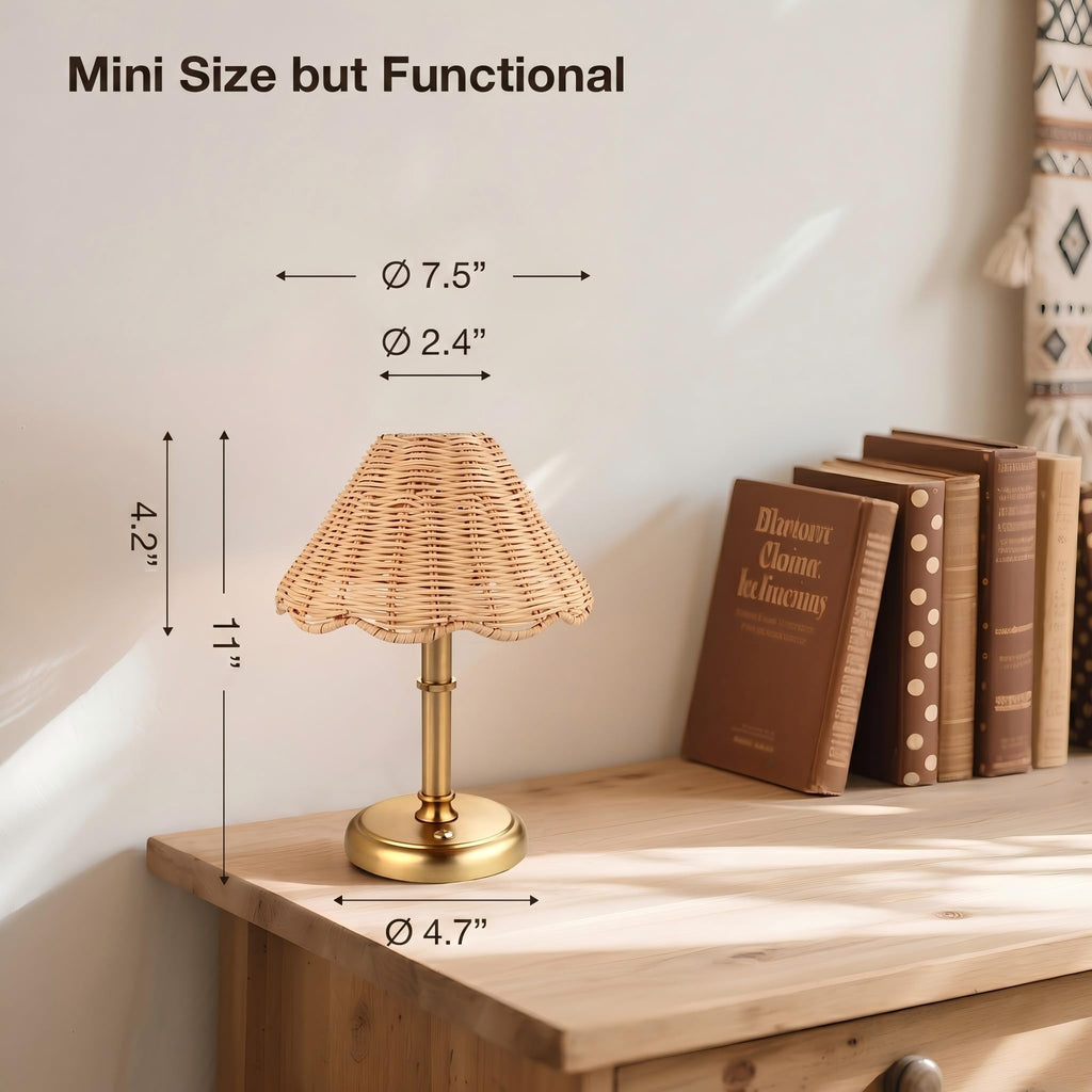 Mini Cordless Boho Rattan Table lamp, 5200-mAh Rechargeable Battery, 3-Level Brightness Dimmable, Build-in Integrated