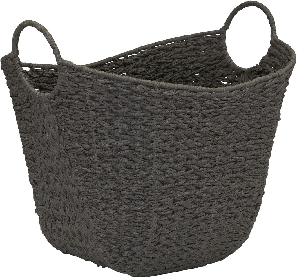 Handwoven Paper Rope Storage Basket with Metal Frame and Handles, Gray