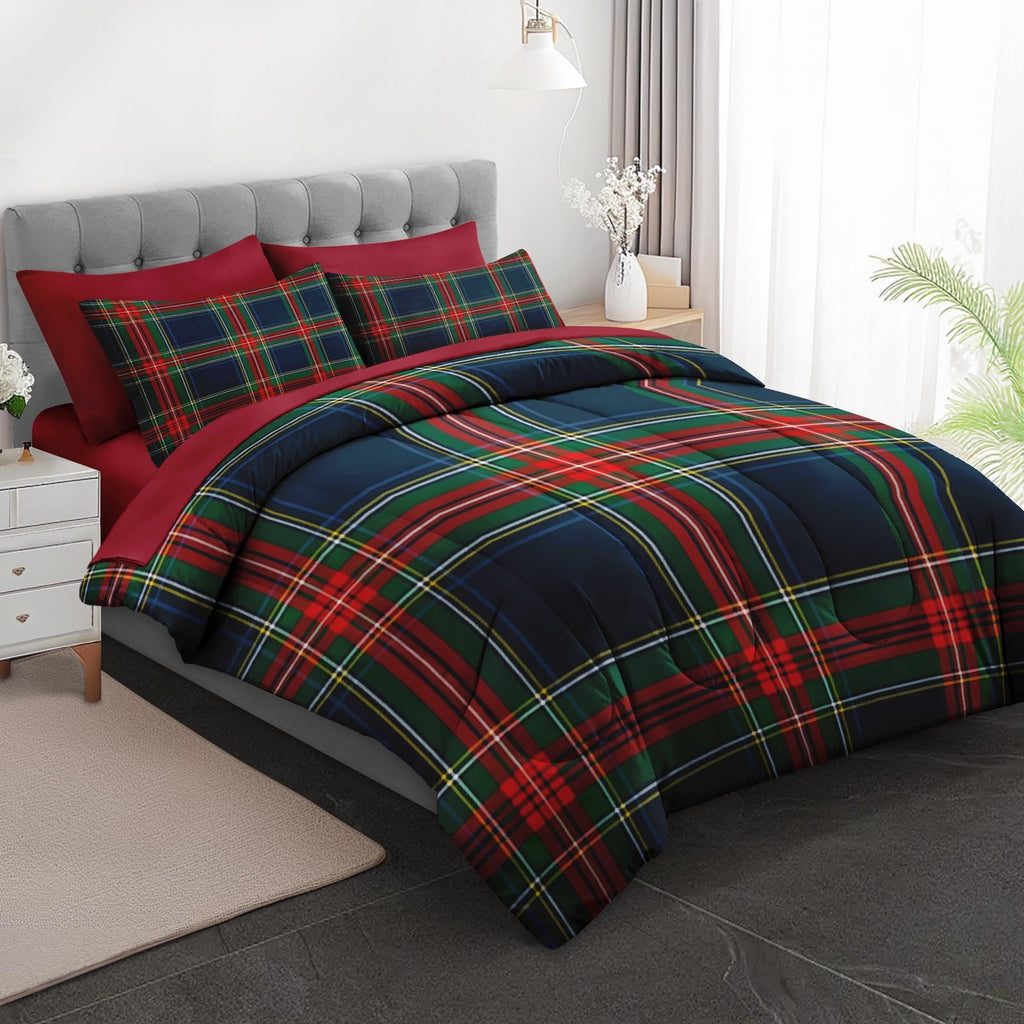 Comforter Set with Sheets, 7 Pieces Tartan Plaid Bedding