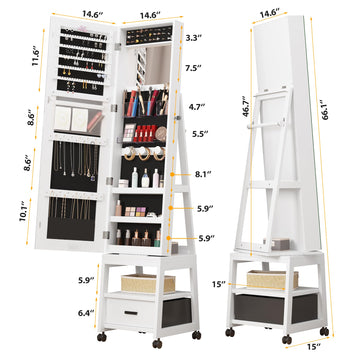 360° Swivel Jewelry Armoire, Floor Standing Locking with Full Length Mirror, Bottom Drawer, Shelf, Wheels, White
