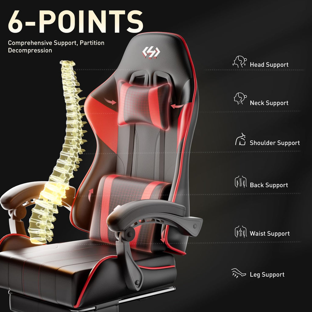 Gaming Chair with Footrest, Lumbar Support & Headrest, Black&Red