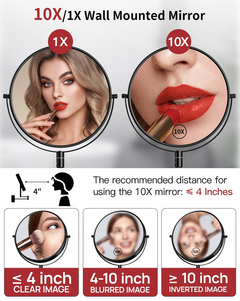 9" Large Size Wall Mount Magnifying Mirror, 1X/10X Magnification Double-Sided, 360° Swivel Extendable Cosmetic Vanity