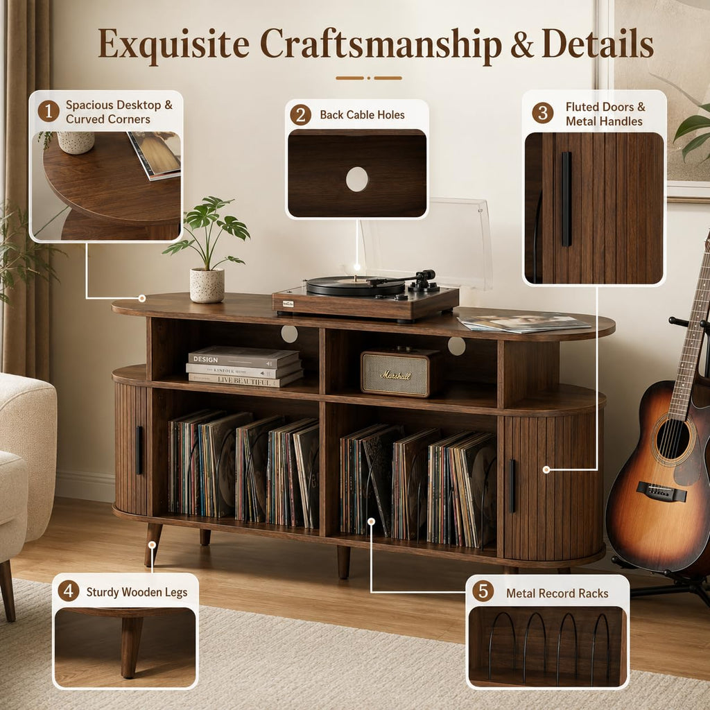 Large Record Player Stand with Storage and Charging Station, 55" Turntable Stand Vinyl Record Player Table Cabinet