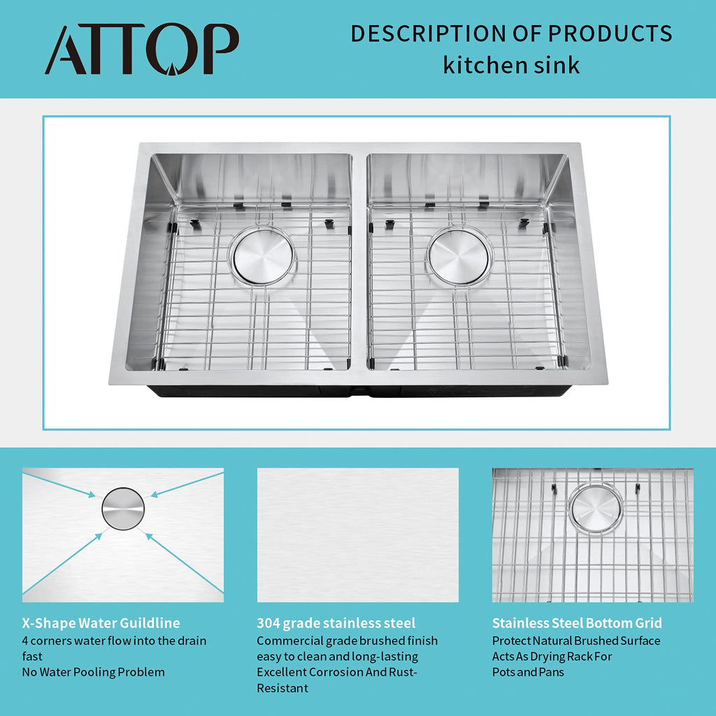 32 Inch Double Bowls Brushed Undermount Kitchen Sink