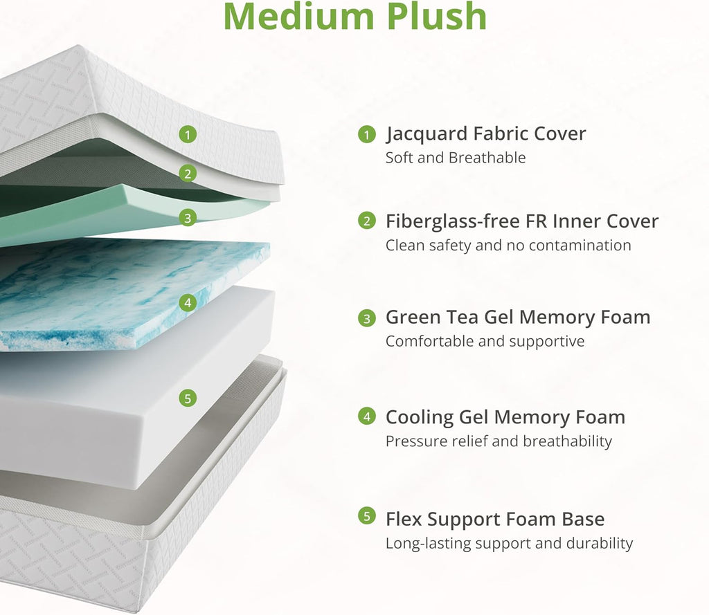 Cal King Mattress 12 Inch, Gel Memory Foam Mattress, Medium Firm | Bed Mattress in A Box, Cooling Green Tea Gel