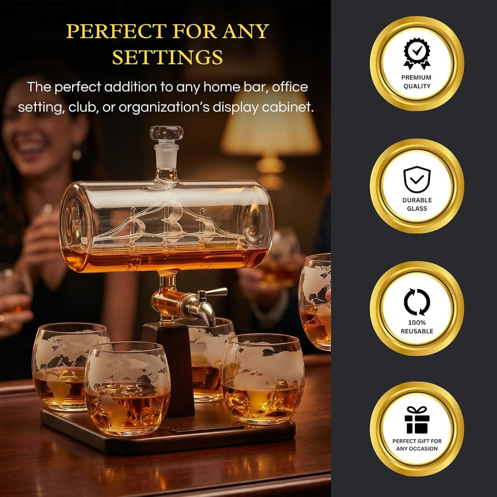Whiskey Decanter Globe Set with 4 Etched Whiskey Glasses - for Liquor Scotch Bourbon Vodka, Gifts For Men - 1250ml