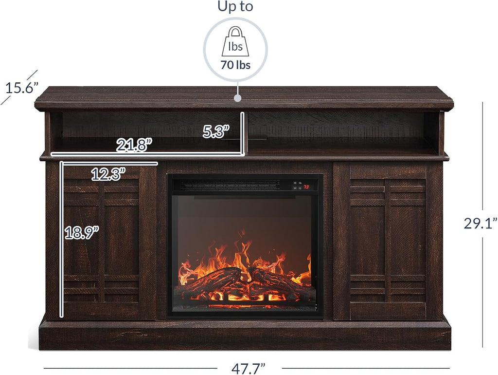 48" TV Stand with 18" Electric Fireplace Heater, Modern TV Stand for TVs up to 50", Entertainment Media Stand with