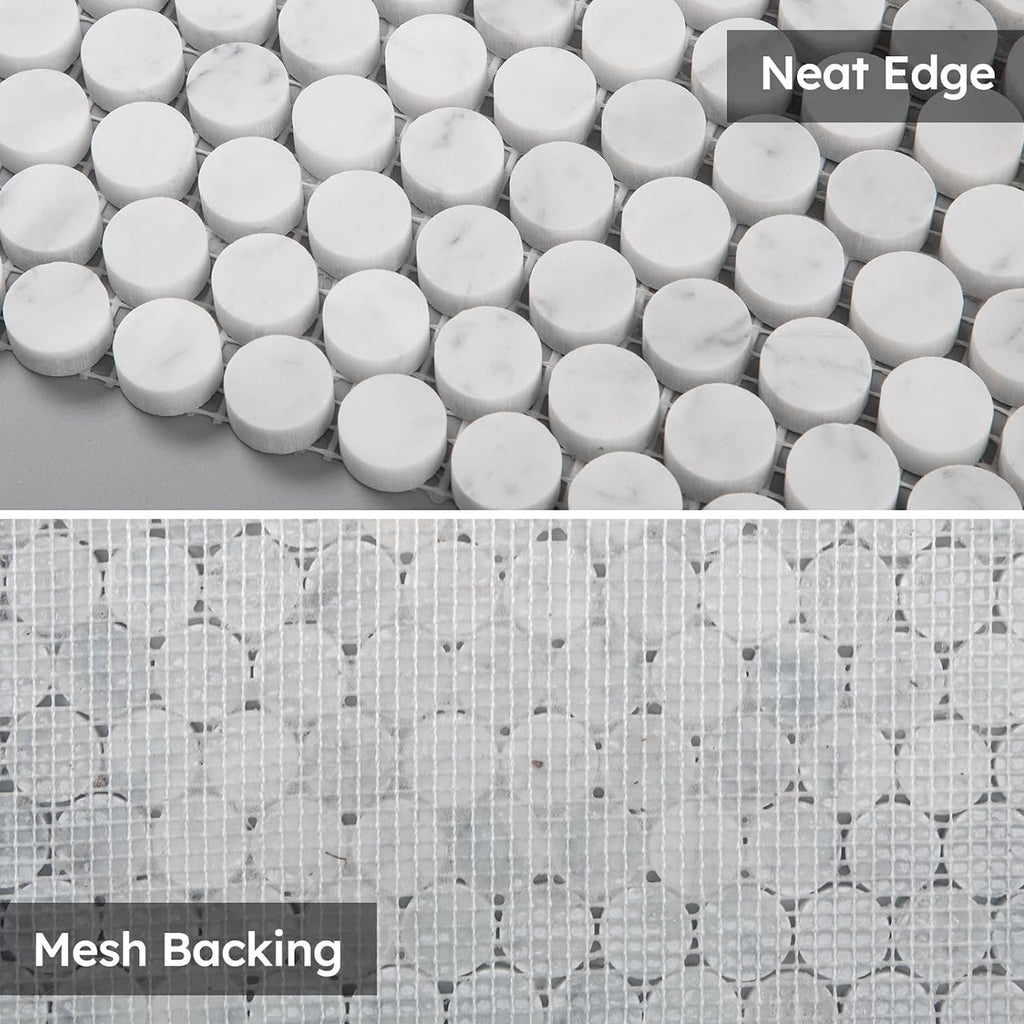Carrara White Marble Mosaic Tile, 3/4 Inch Penny, Honed, 5 Sheets