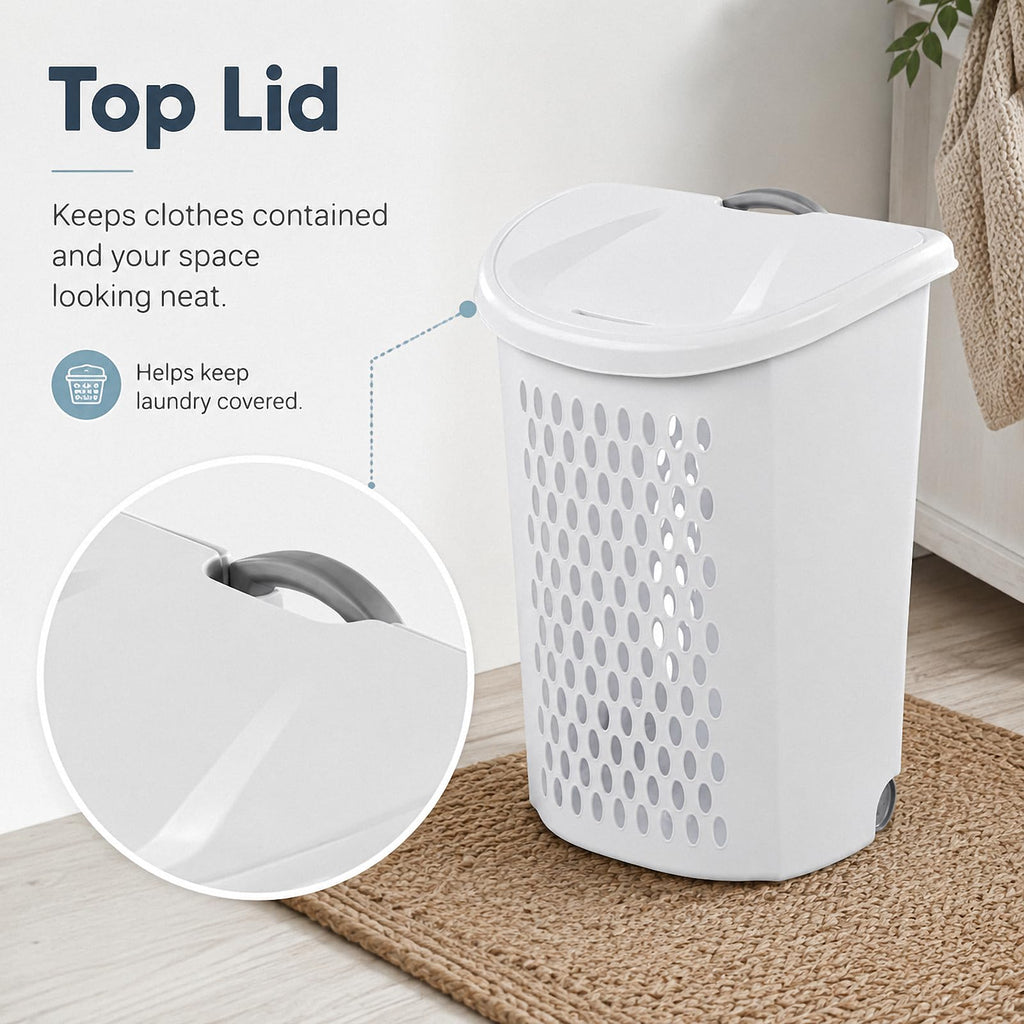 White Wheeled Plastic Laundry Hamper - Adult-Sized Rolling Basket