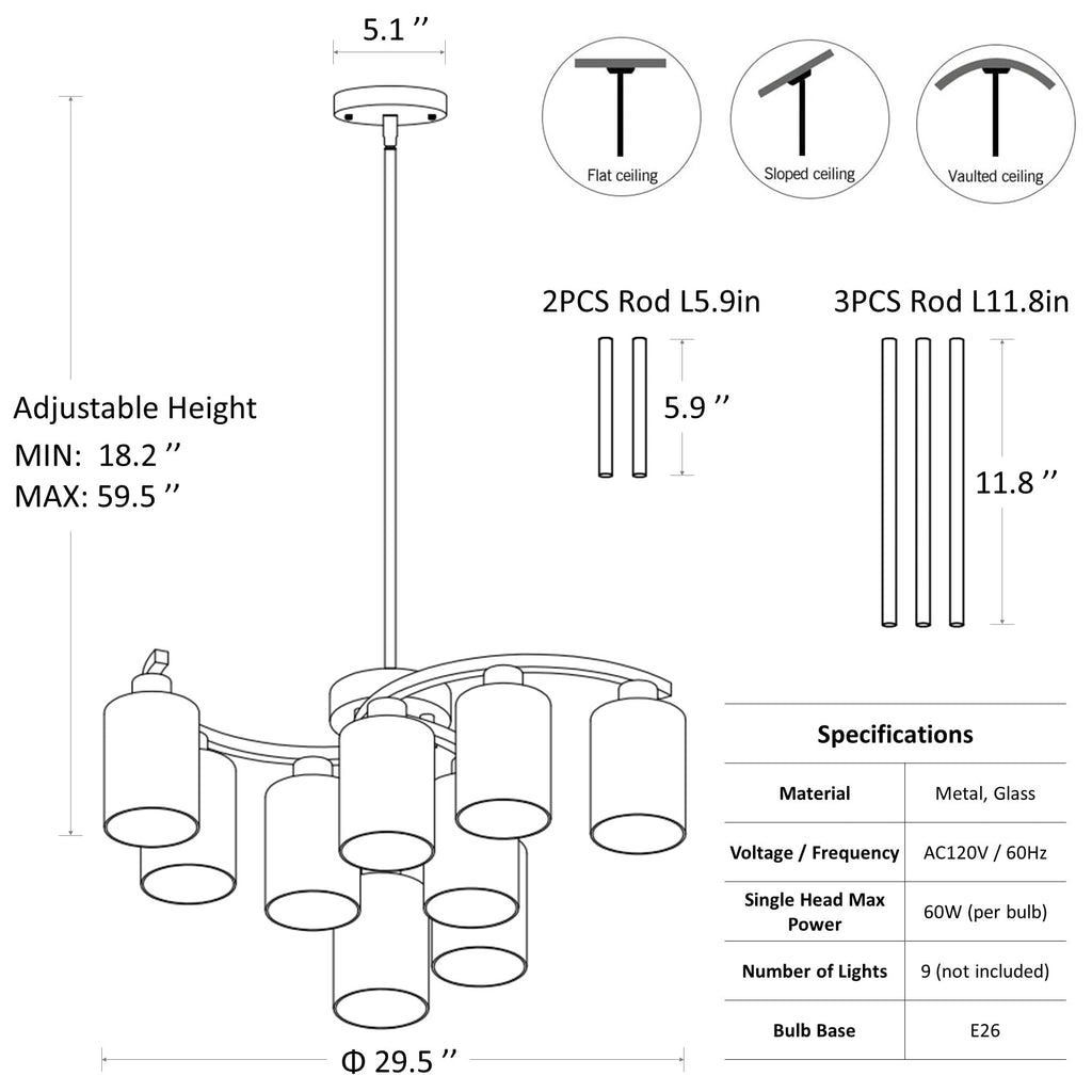 9-Light Black Modern Chandeliers, Adjustable Height Farmhouse Kitchen Island Lighting, Industrial Hanging Light