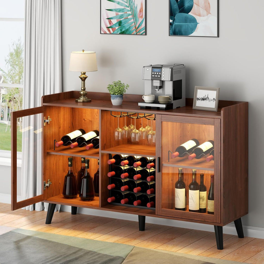 Wine Bar Cabinet with LED Light, Home Coffee Cabinet w/ Wine & Glass Holder | Kitchen Buffet Sideboard with Storage