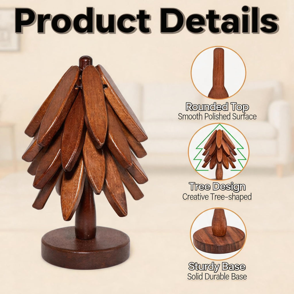 Wooden Trivets for Hot Dishes, Tree Shape Trivet Set, 4 Walnut Wood + 1 Stand stored Like a Christmas Tree,Foldable - Set of 5